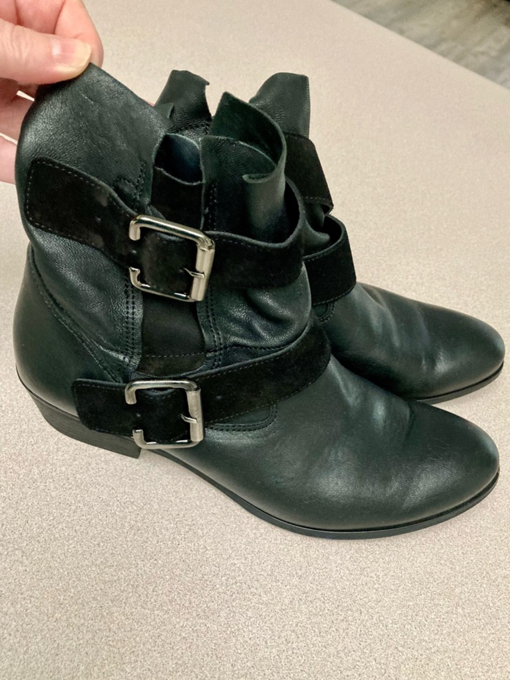 Paul Green Black Leather Ankle Boots with Double Buckle Straps